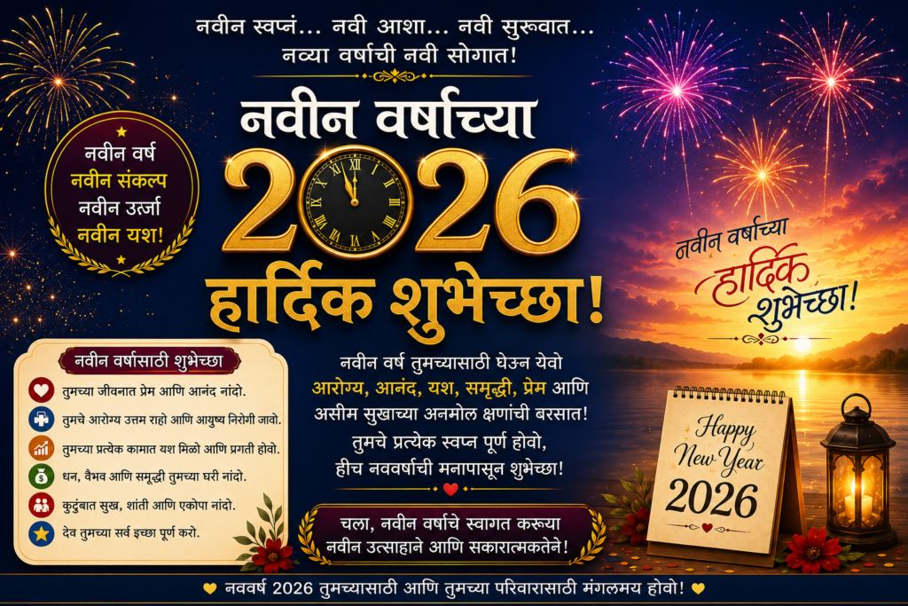 Happy New Year 2026 Wishes in Marathi | नवीन वर्ष 2026 शुभेच्छा मराठीत – 100+ Best Messages Happy New Year 2026 Wishes in Marathi | नवीन वर्ष 2026 शुभेच्छा मराठीत – 100+ Best Messages